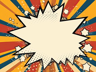 Tan background with a white blank space in the middle depicting a cartoon explosion with yellow rays and stars. The style is comic book vector 
