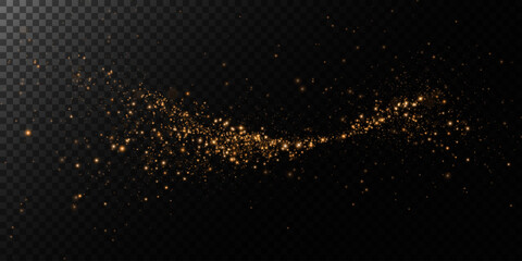 Sparks of dust and golden stars shine with special light. Vector sparks on transparent dark background. Christmas light effect. Sparkling magic dust particles.	