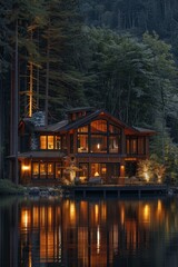 Fototapeta premium Lake house illuminated by water at night