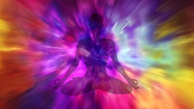 Human figure in lotus yoga pose with colorful aura in meditation concept. Animation video, 4k