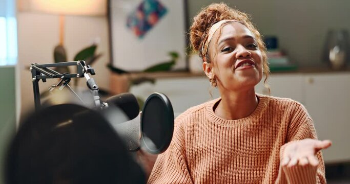 Woman, presenter and happy in studio for podcast with laughing, live on air and funny gossip for media broadcast. Radio, influencer and comic talk show with celebrity news or speaking with microphone