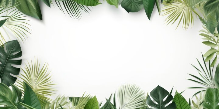 White frame background, tropical leaves and plants around the white rectangle in the middle of the photo with space for text