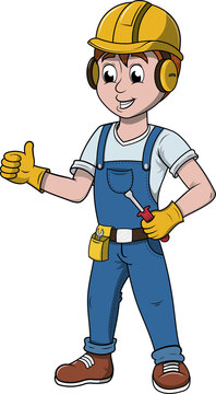 Hombre estilo cartoon usando ropa y equipo de protecci&oacute;n para trabajos de construcci&oacute;n.