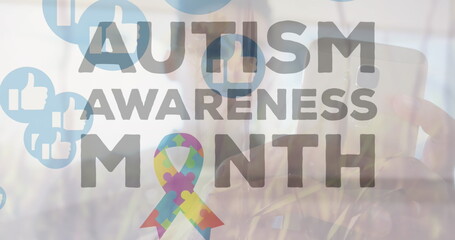 Image of autism awareness month text over media icons