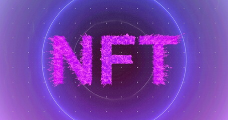Image of nft text and neon circles on black background