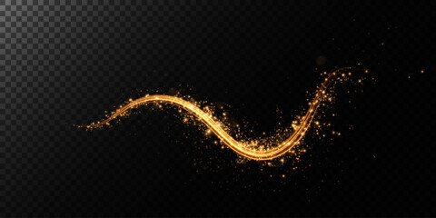 Sparks of dust and golden stars shine with special light. Trace of speed lines. Vector sparks on transparent dark background. Christmas light effect. Sparkling particles of magic dust.	