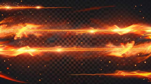 Flame streaks with sparks, abstract bright glowing lines. Modern realistic set of flame streaks, horizontal straight lines with orange light and sparkles on transparent background.