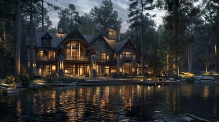Fototapeta premium Large house overlooking lake and forest