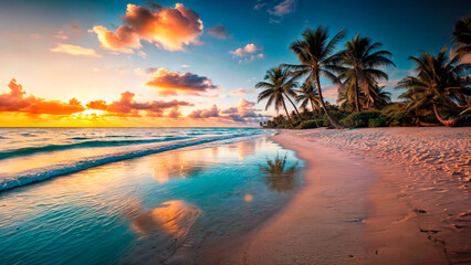Fototapeta na wymiar Lonely white sand beach on a magical sunset. AI Generated
