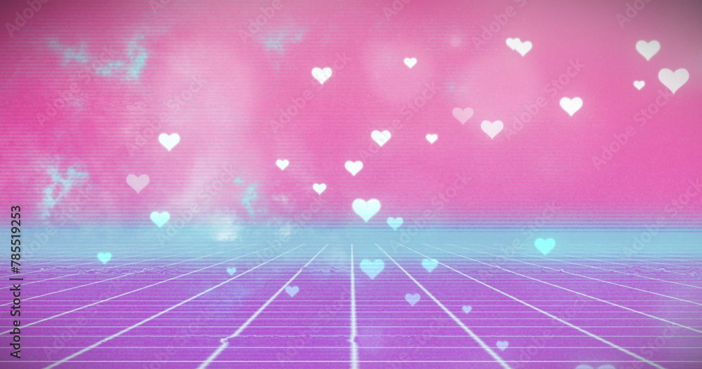 Aufkleber digital image of heart shapes falling on grid pattern against pink and blue background