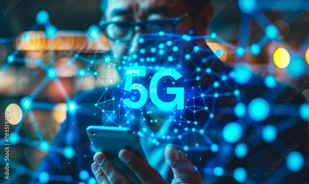 Poster businessman with smartphone accessing advanced 5g network technology for fast internet speed, symbol