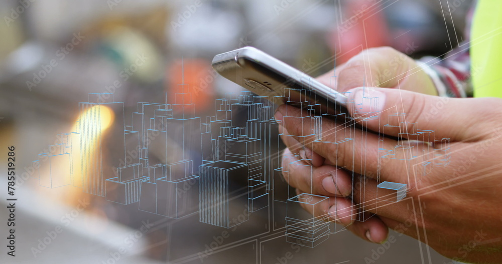 Poster image of data over hands of caucasian man using smartphone