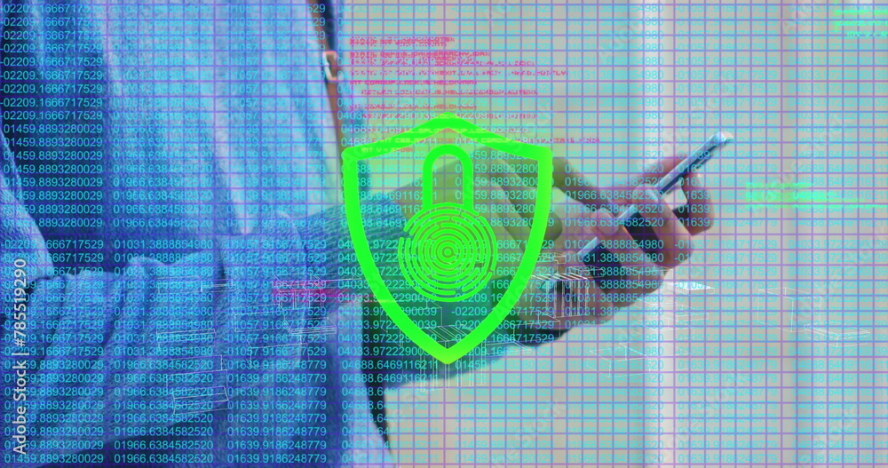 Poster image of numbers and digital padlock over hands of caucasian man using smartphone