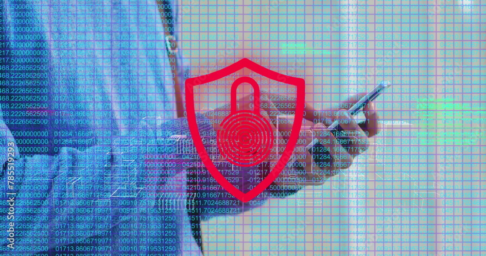 Poster image of numbers and digital padlock over hands of caucasian man using smartphone