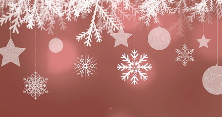 Image of snowflakes and baubles on brown background