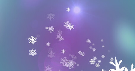 Image of snowflakes over background with colorful lights