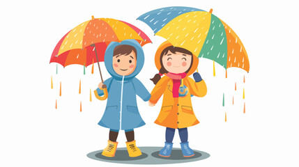 Boy  girl wearing raincoat kids walk  stand under umb