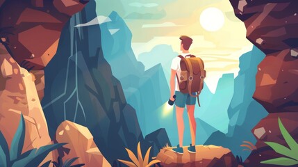 An aspiring traveler stands in a rock grotto, looking for a new place, searching for the right path. Cartoon illustration of an extreme adventurer. Hiking travel travel extreme modern illustration. - obrazy, fototapety, plakaty