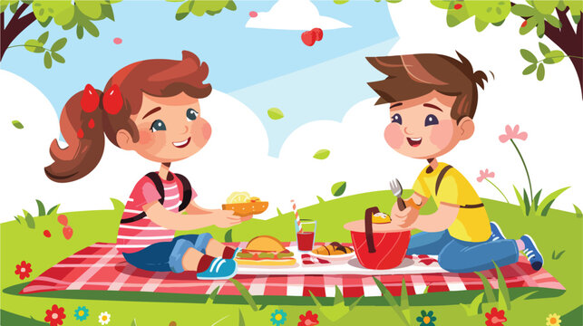 Boy and girl kids having lunch picnic on the park gra