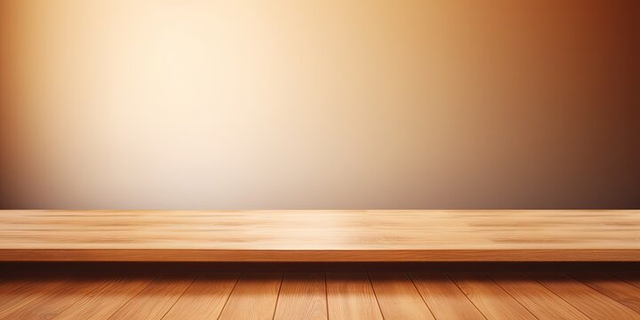 Tan background with a wooden table, product display template. Tan background with a wood floor. Tan and white photo of an empty room