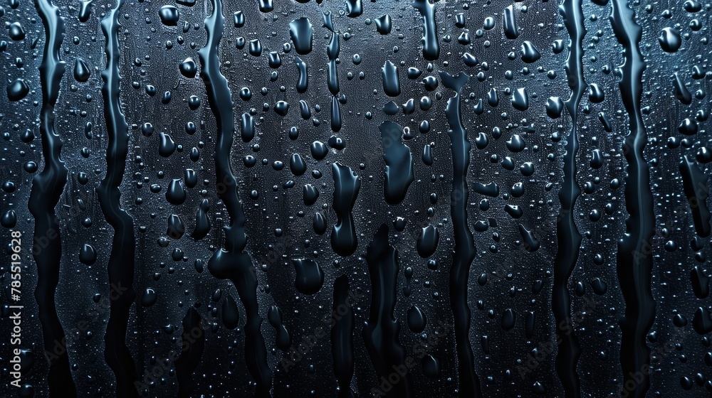 Poster . sliding rain droplets on dark window surface. abstract texture, pure aqua blobs pattern, realistic