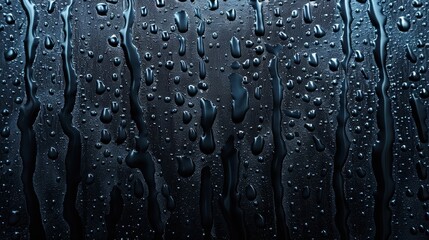 . Sliding rain droplets on dark window surface. Abstract texture, pure aqua blobs pattern, realistic 3d modern illustration.