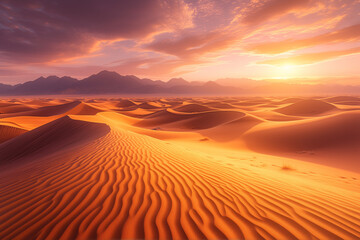 Fototapeta na wymiar Majestic Sunrise Over Desert Sands, Golden Glow Landscape Scene