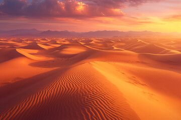 Majestic Sunrise Over Desert Sands, Golden Glow Landscape Scene

