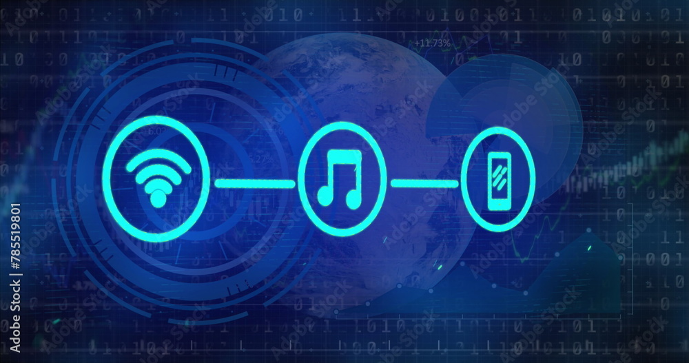 Poster image of tech icons, graph, globe and binary code on dark background