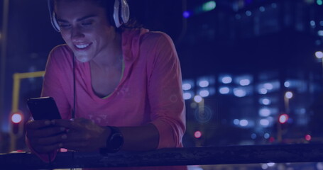Image of digital screens with data over caucasian female woman in headphones and smartphone