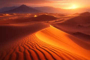 Majestic Sunrise Over Desert Sands, Golden Glow Landscape Scene  