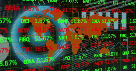 Image of globe, world map, graphs and financial data on digital screen