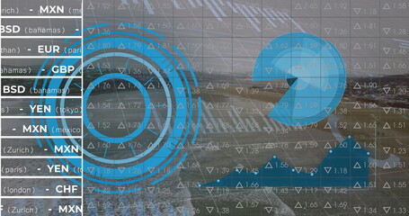 Image of processing circle, road, graphs and financial data on digital screen