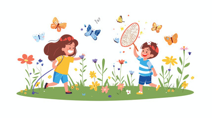 Obraz na płótnie Canvas Boy girl kids walk run pick flowers catch butterflies