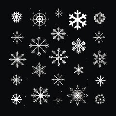 Obraz na płótnie Canvas White snowflakes on a black background, a flat vector illustration in the simple minimalist style of a cute cartoon design with simple shapes