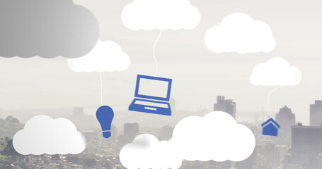 Image of digital clouds with electronic devices over cityscape