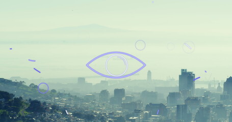 Image of scope scanning with purple trails processing over cityscape - Powered by Adobe