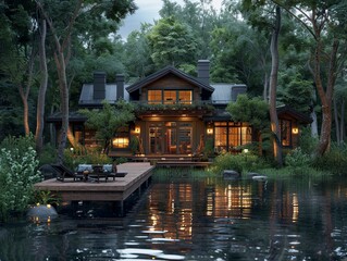 House perched on lake near forest