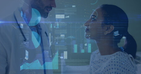 Image of data processing over caucasian male doctor examining biracial female patient - Powered by Adobe