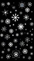 White snowflakes on a black background, a flat vector illustration in the simple minimalist style of a cute cartoon design with simple shapes