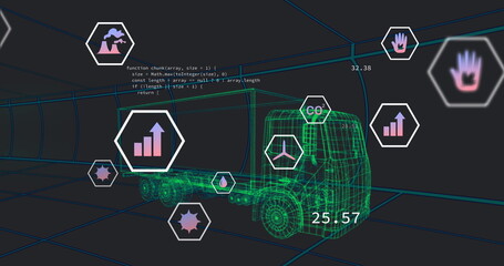 Naklejka premium Image of digital icons over 3d model of a truck moving against blue background