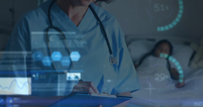Image of data processing over caucasian female health worker writing on clipboard at hospital