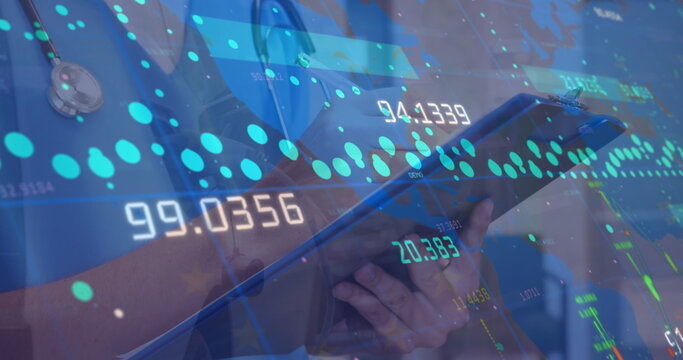 Image of data processing over mid section of male health worker writing on clipboard at hospital - Powered by Adobe