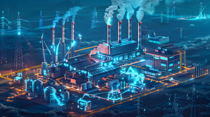 Fototapeta premium Concept illustration, factory on dark blue background, symbol of industry, engineering, and manufacturing.
