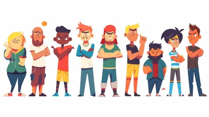 Diverse anxiety and angry characters show thumb down, disagree, and ignore. Modern flat illustration isolated on white background.