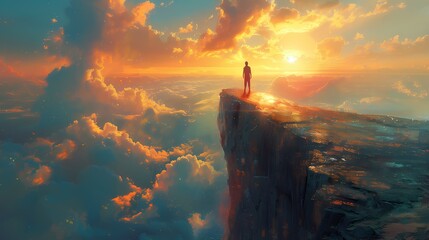 A solitary figure standing on a cliff edge, arms outstretched to the sky, conveying a sense of freedom and exhilaration - obrazy, fototapety, plakaty