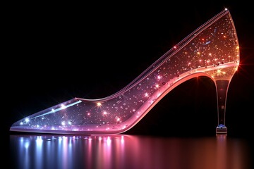 A high heeled shoe adorned with silver stars on a black background, standing out with its glamorous and unique design. - obrazy, fototapety, plakaty