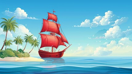 Ship with red sails on calm sea landscape with tropical island and palm trees under blue sky. Cartoon modern illustration of frigate, galleon sailboat or caravel floating on a calm sea. - obrazy, fototapety, plakaty