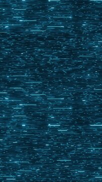 Digital pattern with neon blue running lines. Loopable hi tech abstract light blue technology background. Seamless reversible loop of program code moving in cyberspace. AI, big data transfer. Vertical