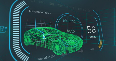 Fototapeta premium Image of speedometer over 3d model of a car moving against blue background